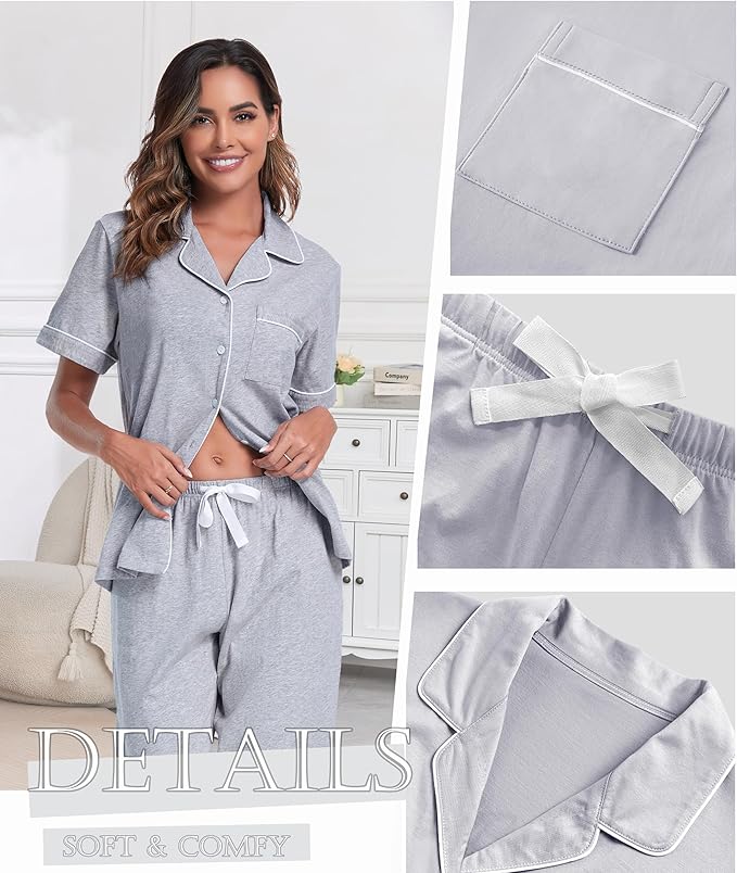 Women's 100% Cotton Pants Pajama Set - Short Sleeve - 2 Piece